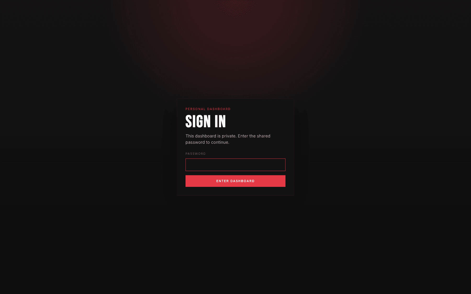 Personal Dashboard login screen